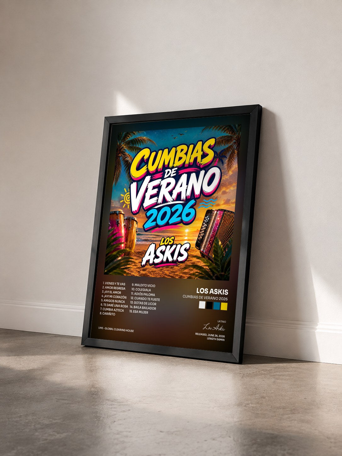 #noir Tableau de l'album CUMBIAS DE VERANO 2026 de Los Askis vu de trois quarts, cadre noir