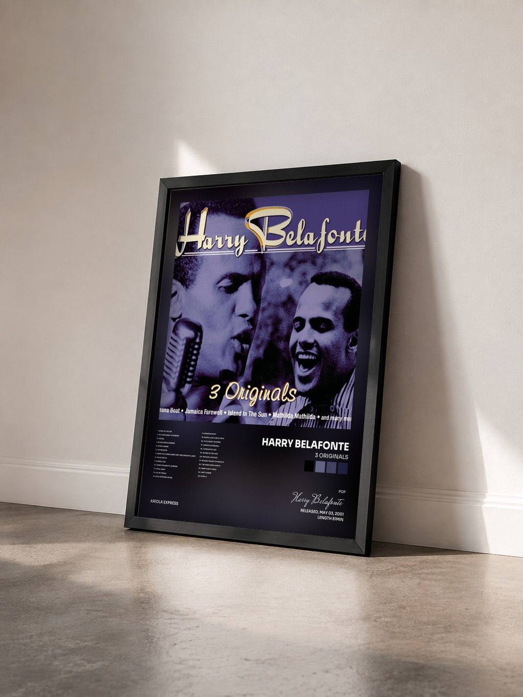 #noir Tableau de l'album 3 Originals de Harry Belafonte vu de trois quarts, cadre noir