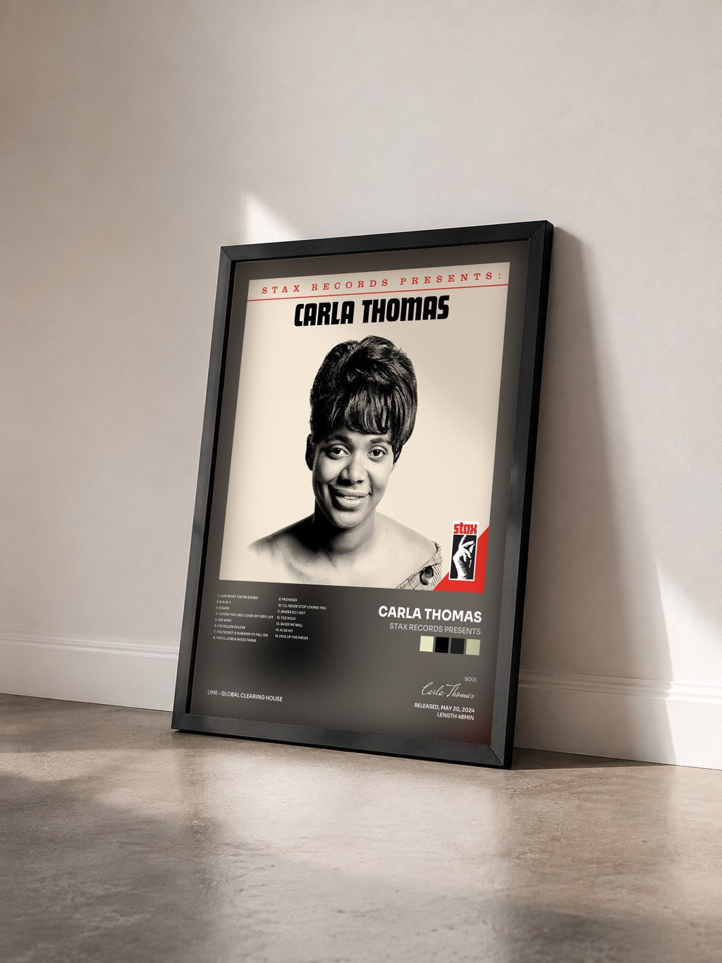 #noir Tableau de l'album Stax Records Presents de Carla Thomas vu de trois quarts, cadre noir
