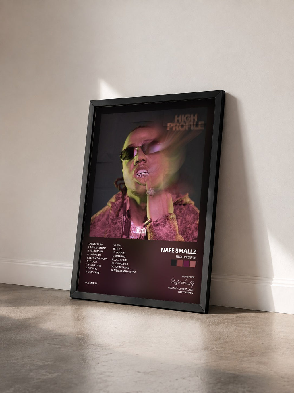 #noir Tableau de l'album High Profile de Nafe Smallz vu de trois quarts, cadre noir