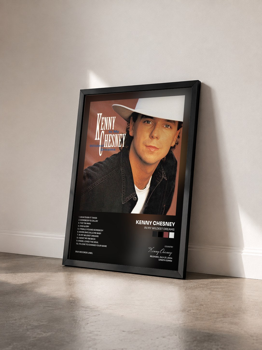 #noir Tableau de l'album In My Wildest Dreams de Kenny Chesney vu de trois quarts, cadre noir
