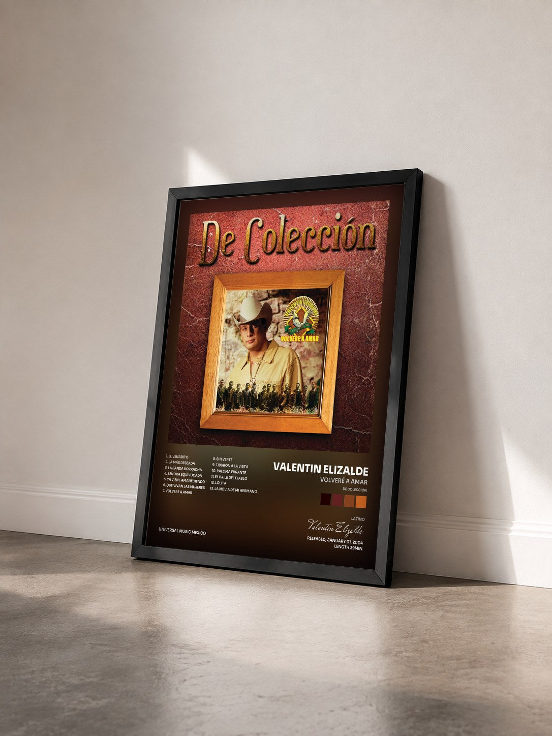 #noir Tableau de l'album Volveré A Amar (De Colección) de Valentin Elizalde vu de trois quarts, cadre noir