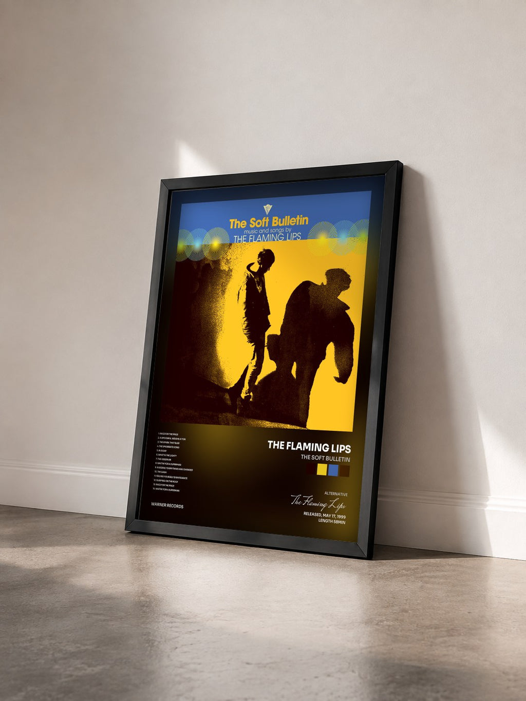 #noir Tableau de l'album The Soft Bulletin de The Flaming Lips vu de trois quarts, cadre noir
