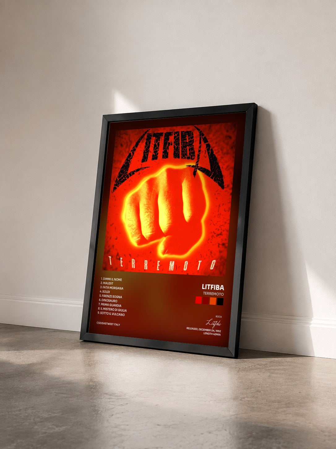#noir Tableau de l'album Terremoto de Litfiba vu de trois quarts, cadre noir