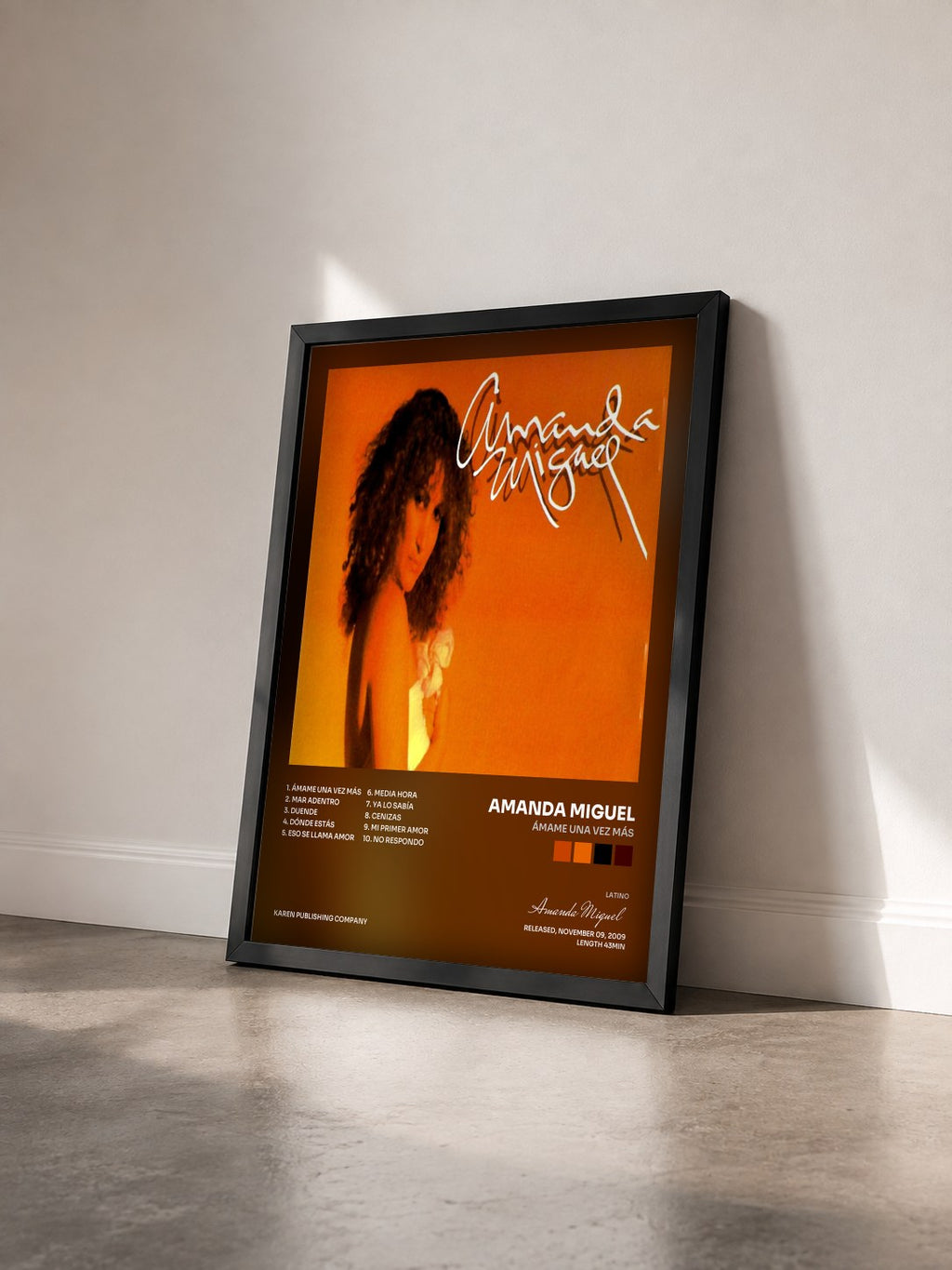 #noir Tableau de l'album Ámame una Vez Más de Amanda Miguel vu de trois quarts, cadre noir