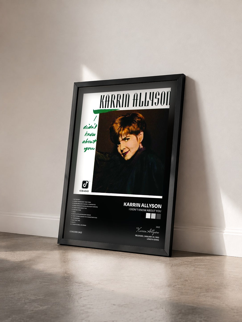 #noir Tableau de l'album I Didn't Know About You de Karrin Allyson vu de trois quarts, cadre noir