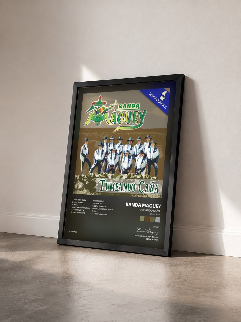 #noir Tumbando Caña (Serie Clásica) di Banda Maguey in stampa incorniciata vista di tre quarti, cornice nera