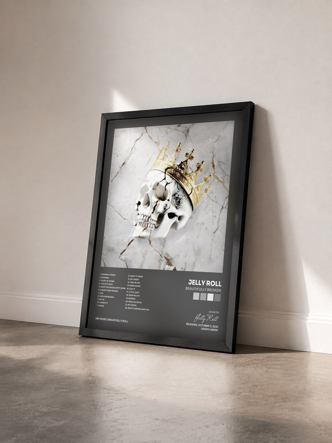 #noir Tableau de l'album Beautifully Broken de Jelly Roll vu de trois quarts, cadre noir