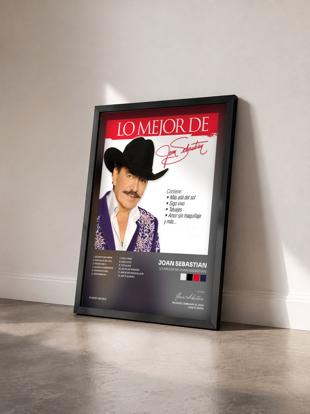 #noir Tableau de l'album Lo Mejor De Joan Sebastian de Joan Sebastian vu de trois quarts, cadre noir