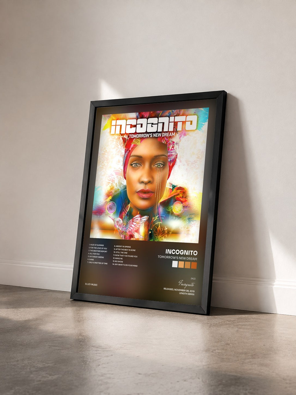 #noir Tableau de l'album Tomorrow's New Dream de Incognito vu de trois quarts, cadre noir