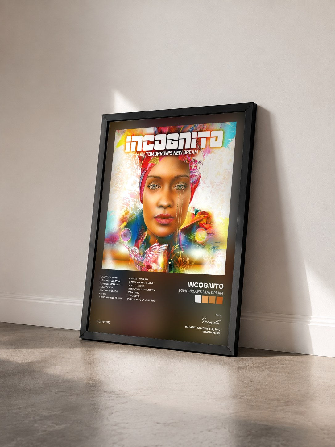 #noir Tableau de l'album Tomorrow's New Dream de Incognito vu de trois quarts, cadre noir