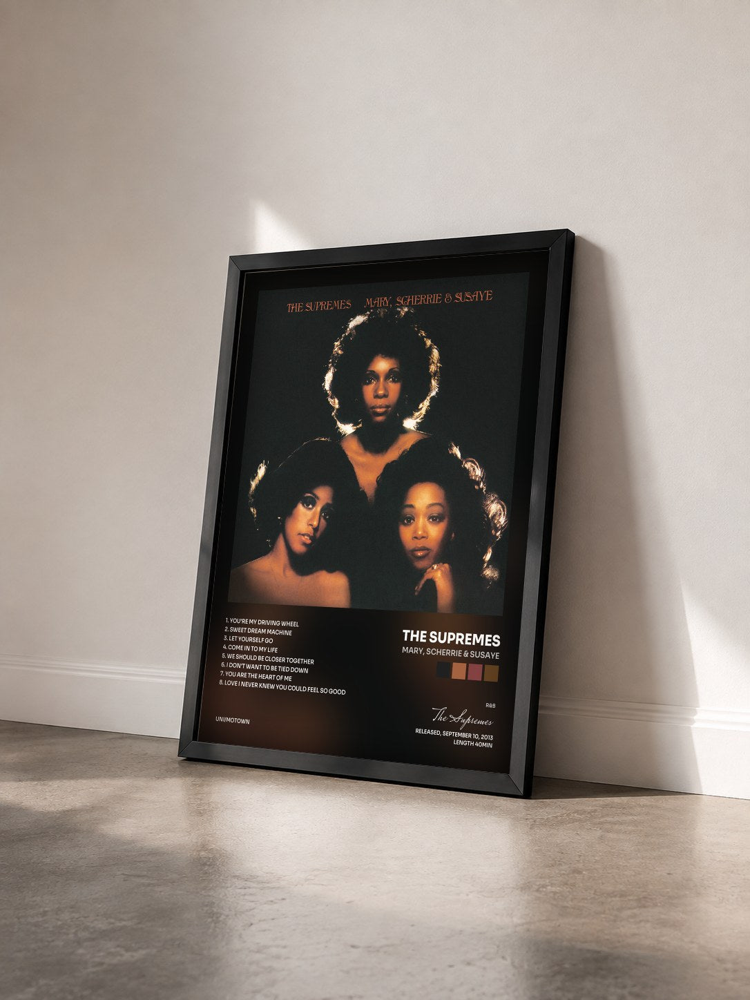 #noir Tableau de l'album Mary, Scherrie & Susaye de The Supremes vu de trois quarts, cadre noir