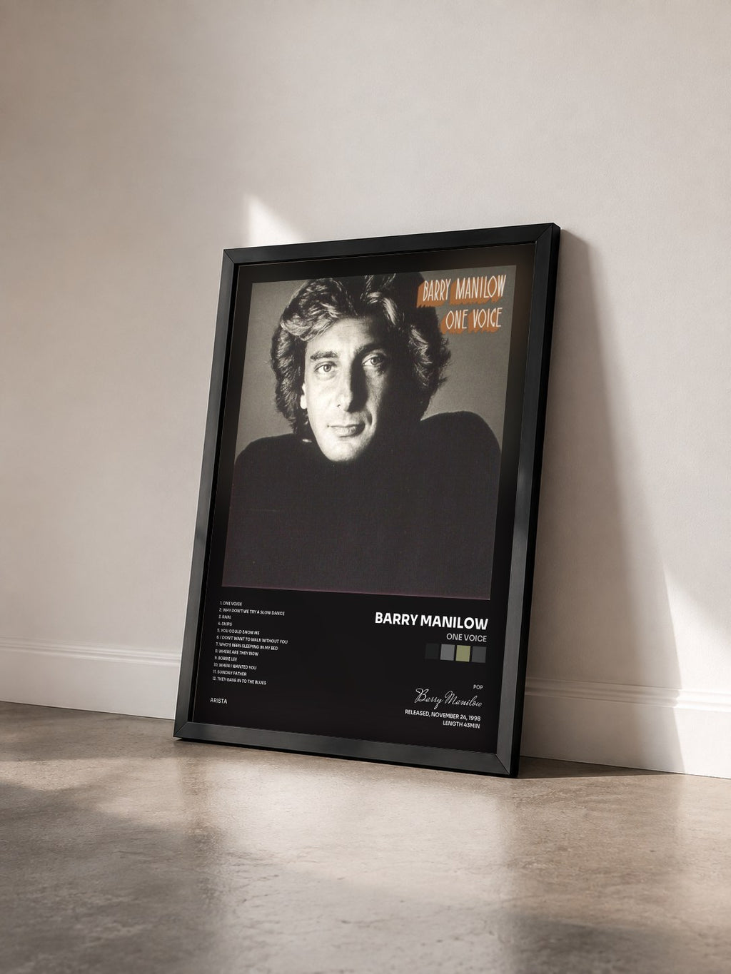 #noir Tableau de l'album One Voice de Barry Manilow vu de trois quarts, cadre noir