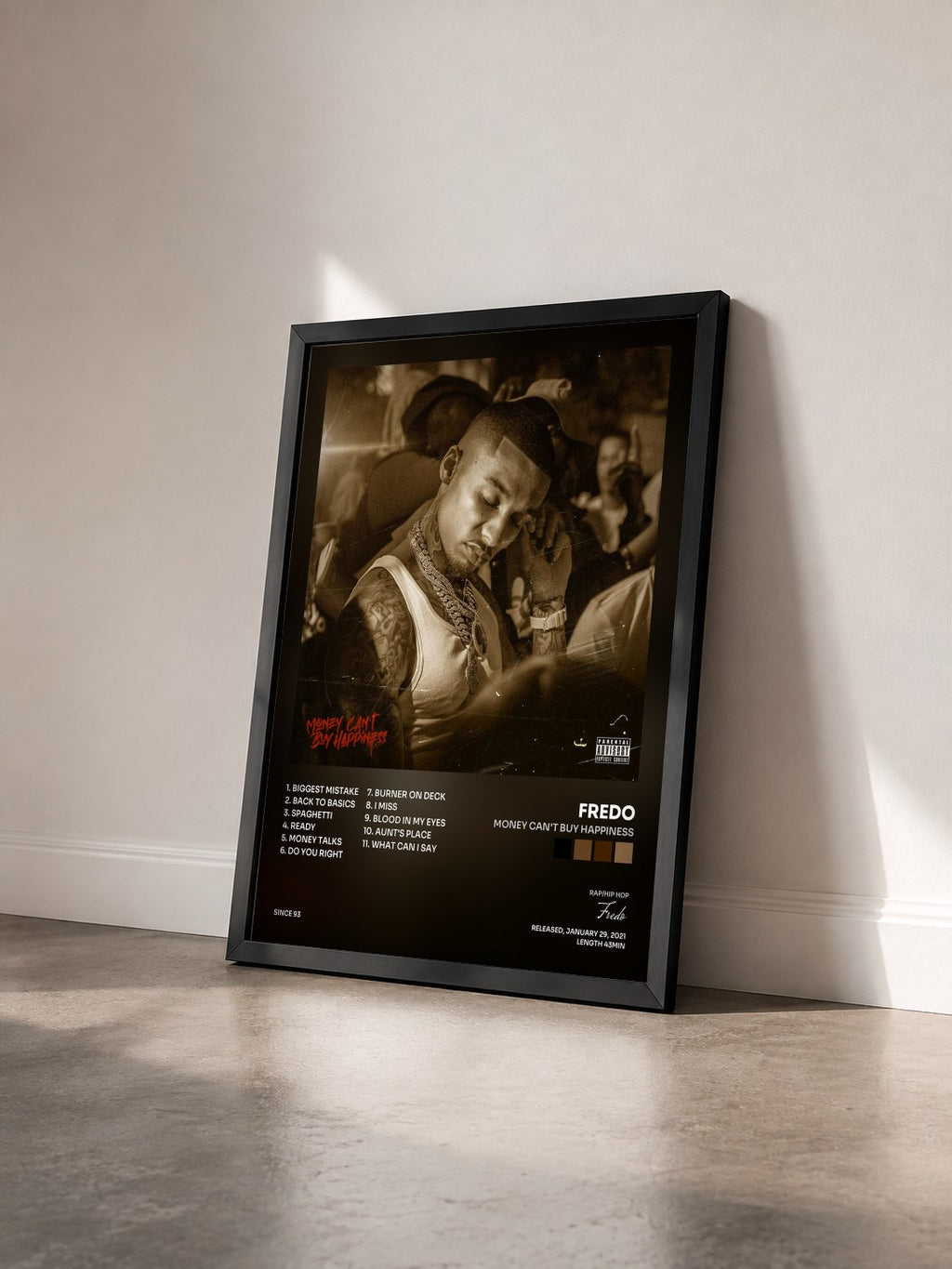#noir Tableau de l'album Money Can't Buy Happiness de Fredo vu de trois quarts, cadre noir