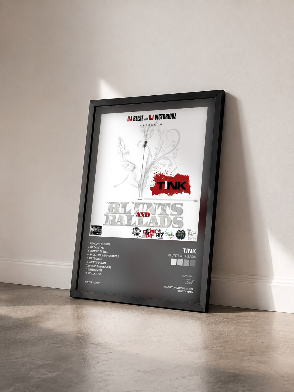 #noir Tableau de l'album Blunts & Ballads de Tink vu de trois quarts, cadre noir