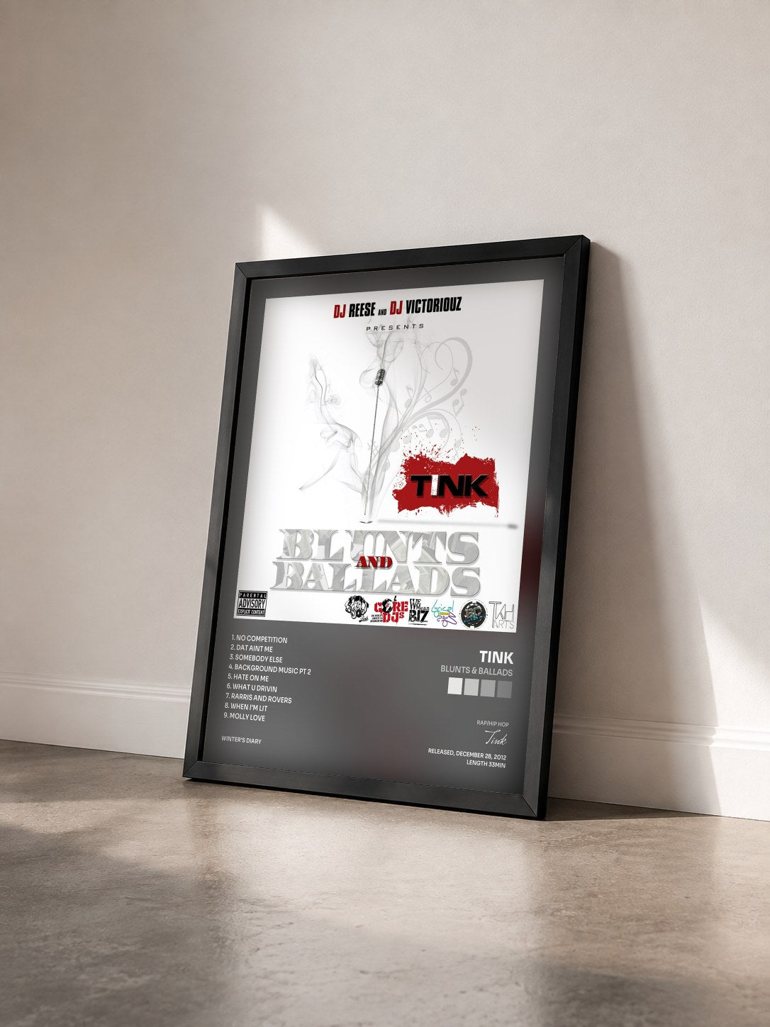 #noir Tableau de l'album Blunts & Ballads de Tink vu de trois quarts, cadre noir