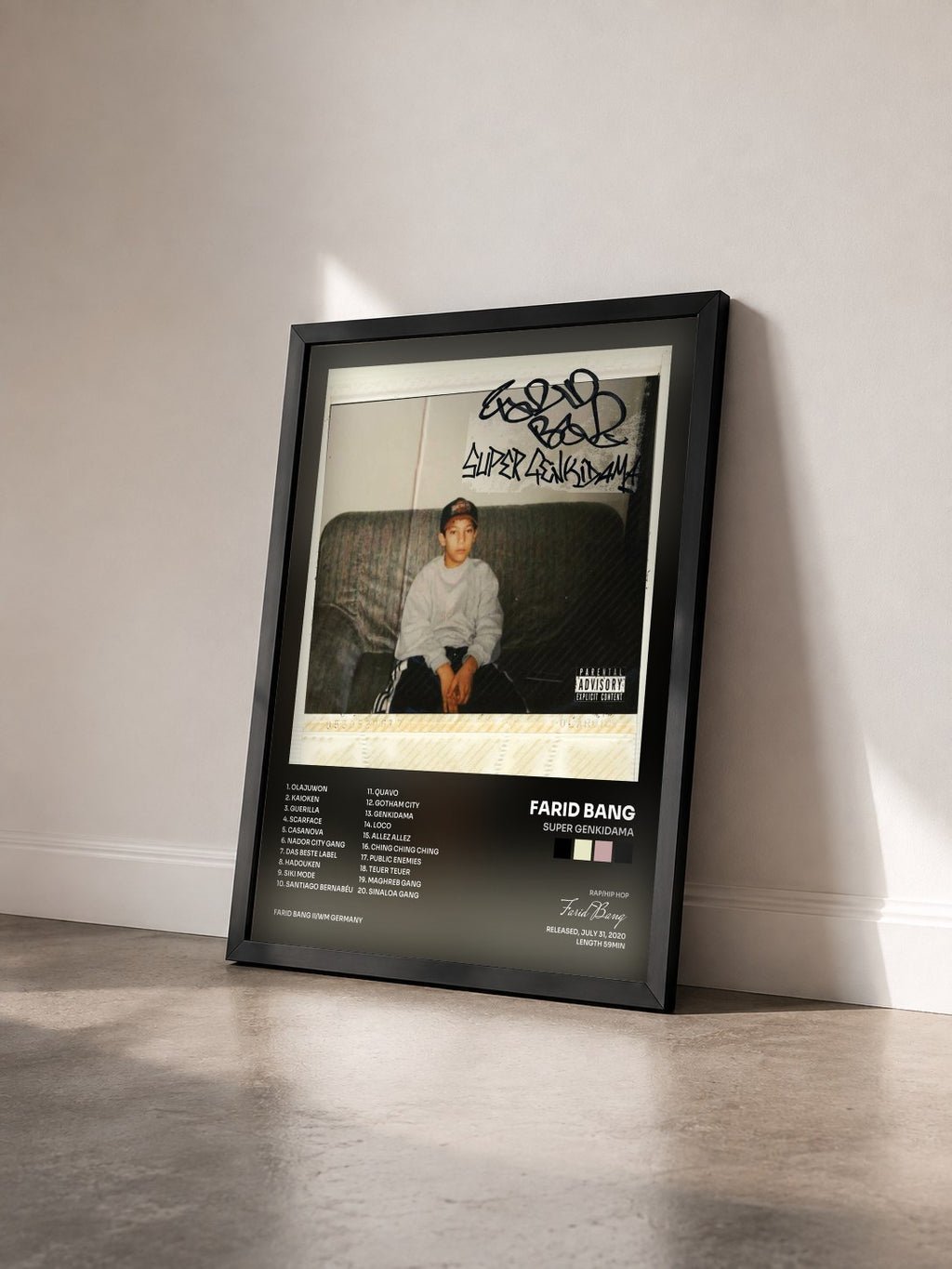 #noir Tableau de l'album Super Genkidama de Farid Bang vu de trois quarts, cadre noir