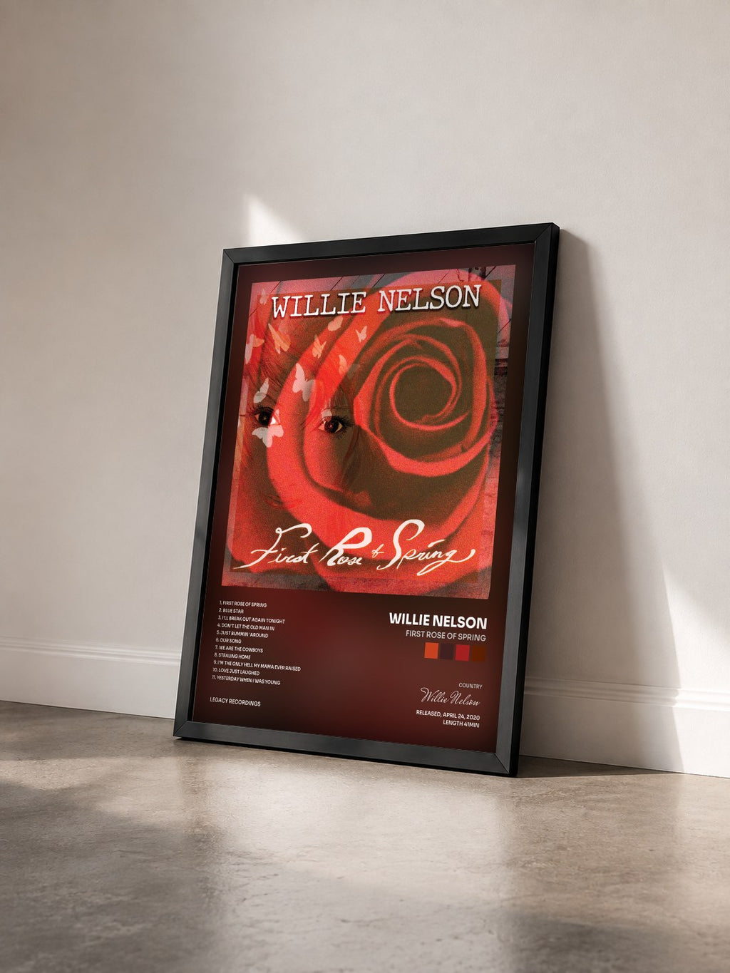 #noir Tableau de l'album First Rose of Spring de Willie Nelson vu de trois quarts, cadre noir