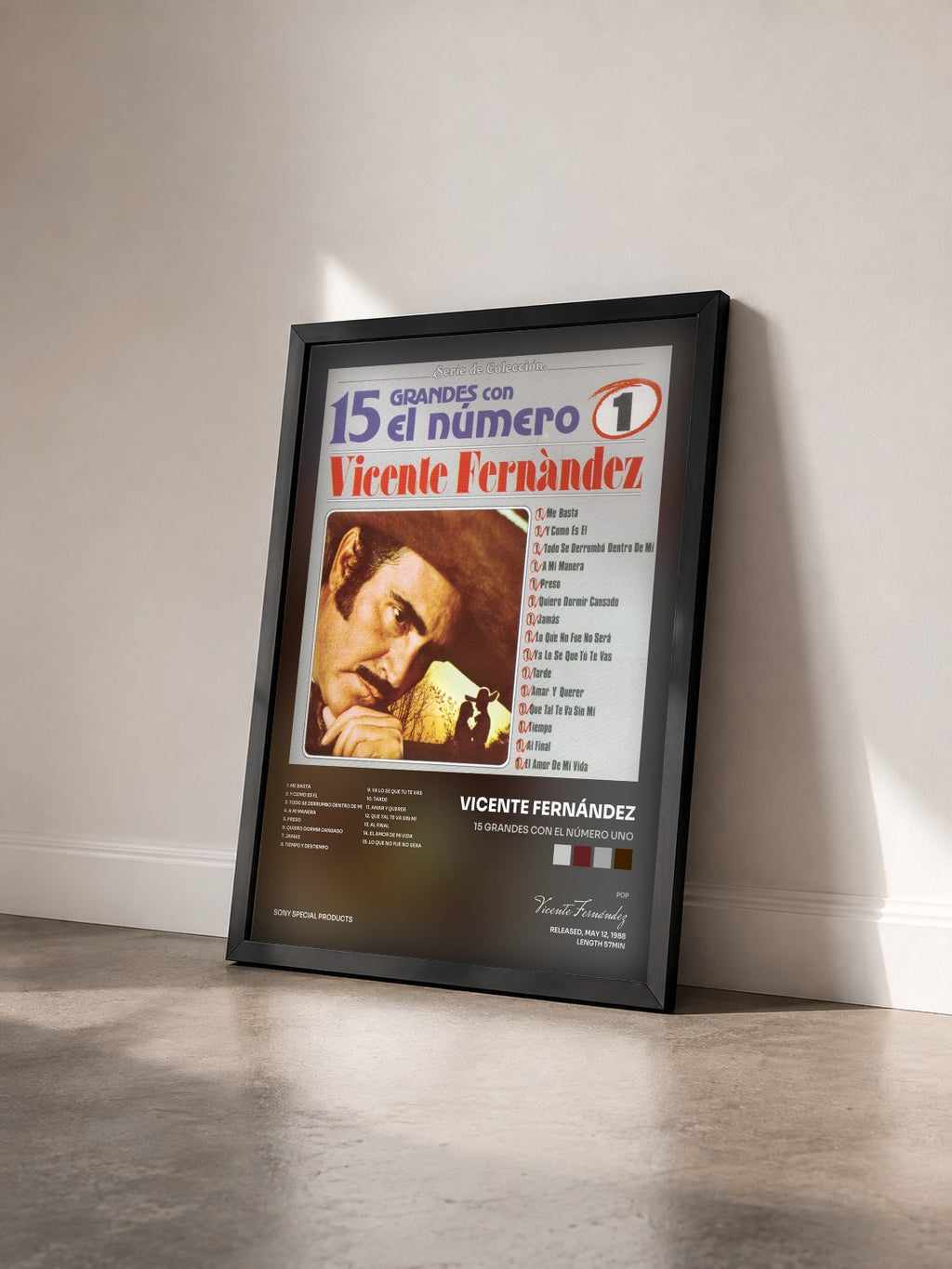 #noir Tableau de l'album 15 Grandes Con El Número Uno de Vicente Fernández vu de trois quarts, cadre noir