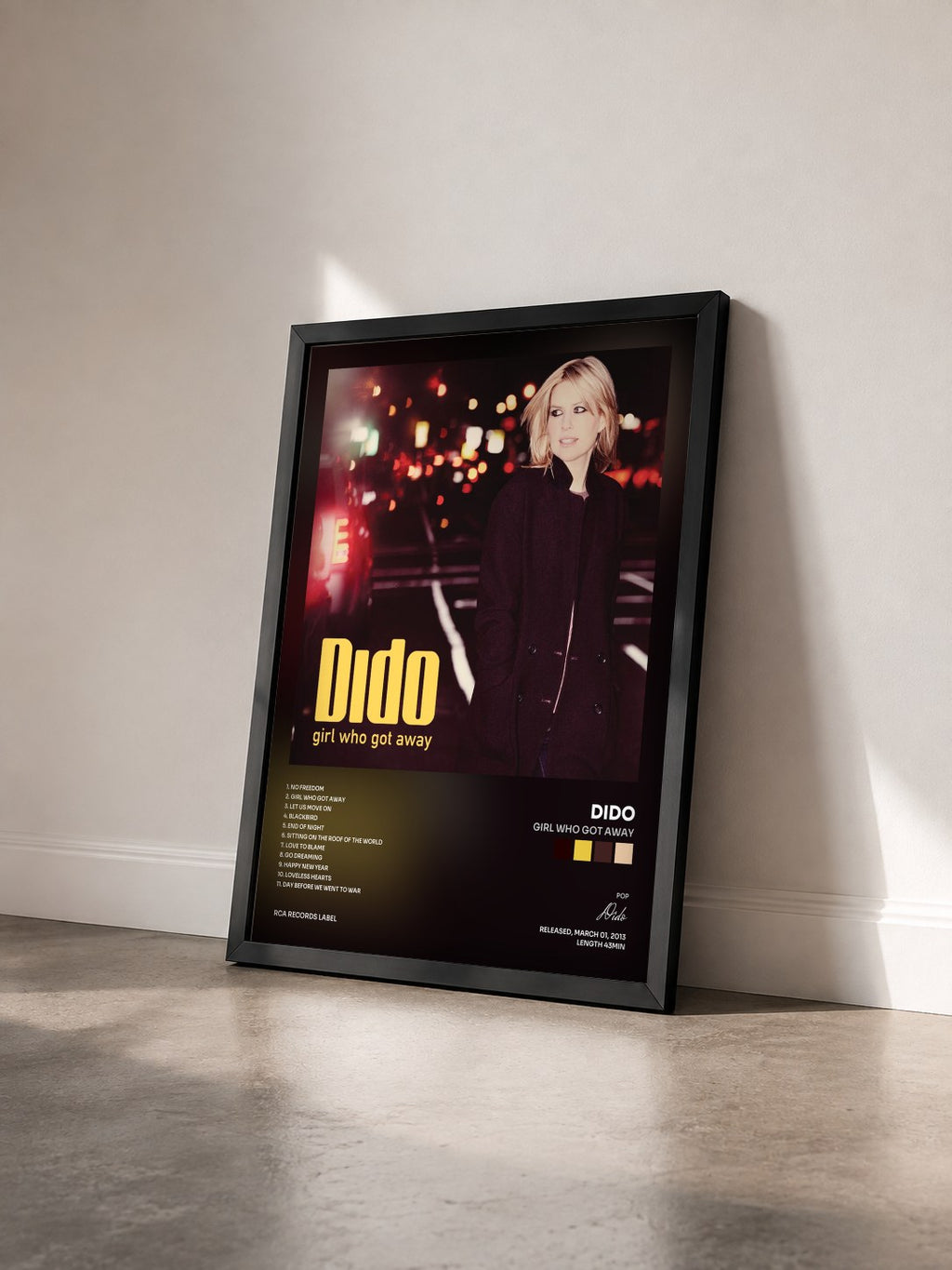 #noir Tableau de l'album Girl Who Got Away de Dido vu de trois quarts, cadre noir