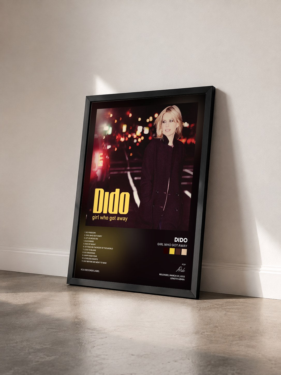 #noir Tableau de l'album Girl Who Got Away de Dido vu de trois quarts, cadre noir