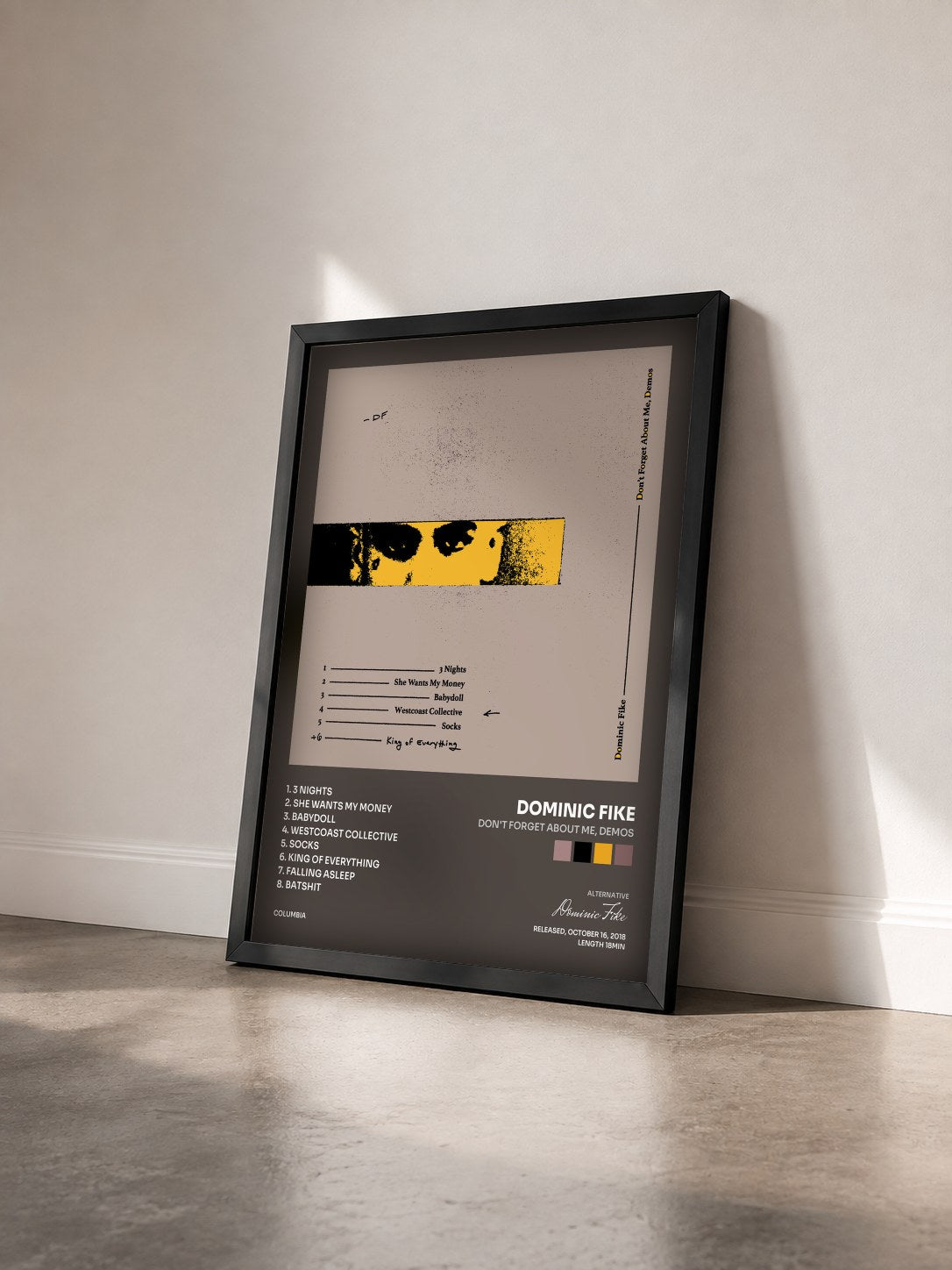 #noir Tableau de l'album Don't Forget About Me, Demos de Dominic Fike vu de trois quarts, cadre noir