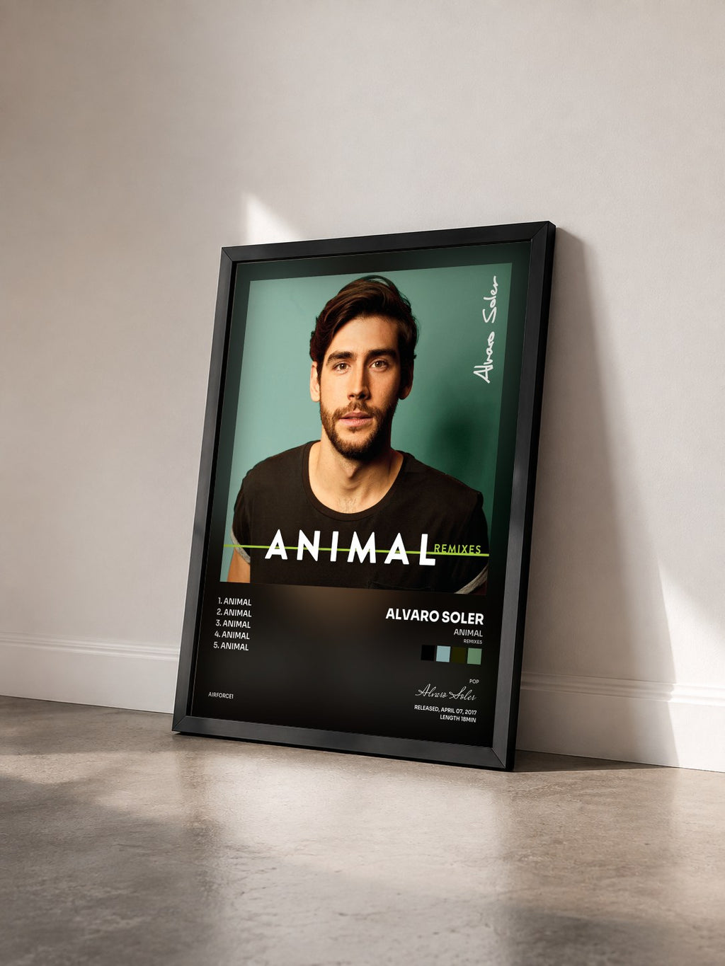 #noir Tableau de l'album Animal (Remixes) de Alvaro Soler vu de trois quarts, cadre noir