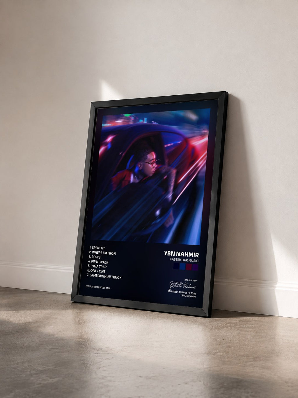 #noir Tableau de l'album Faster Car Music de YBN Nahmir vu de trois quarts, cadre noir