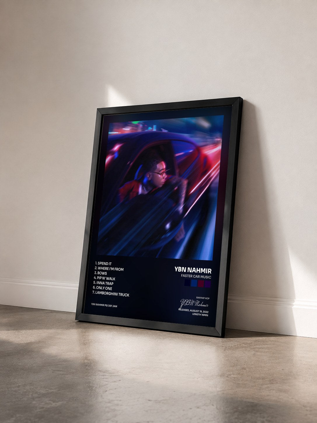 #noir Tableau de l'album Faster Car Music de YBN Nahmir vu de trois quarts, cadre noir