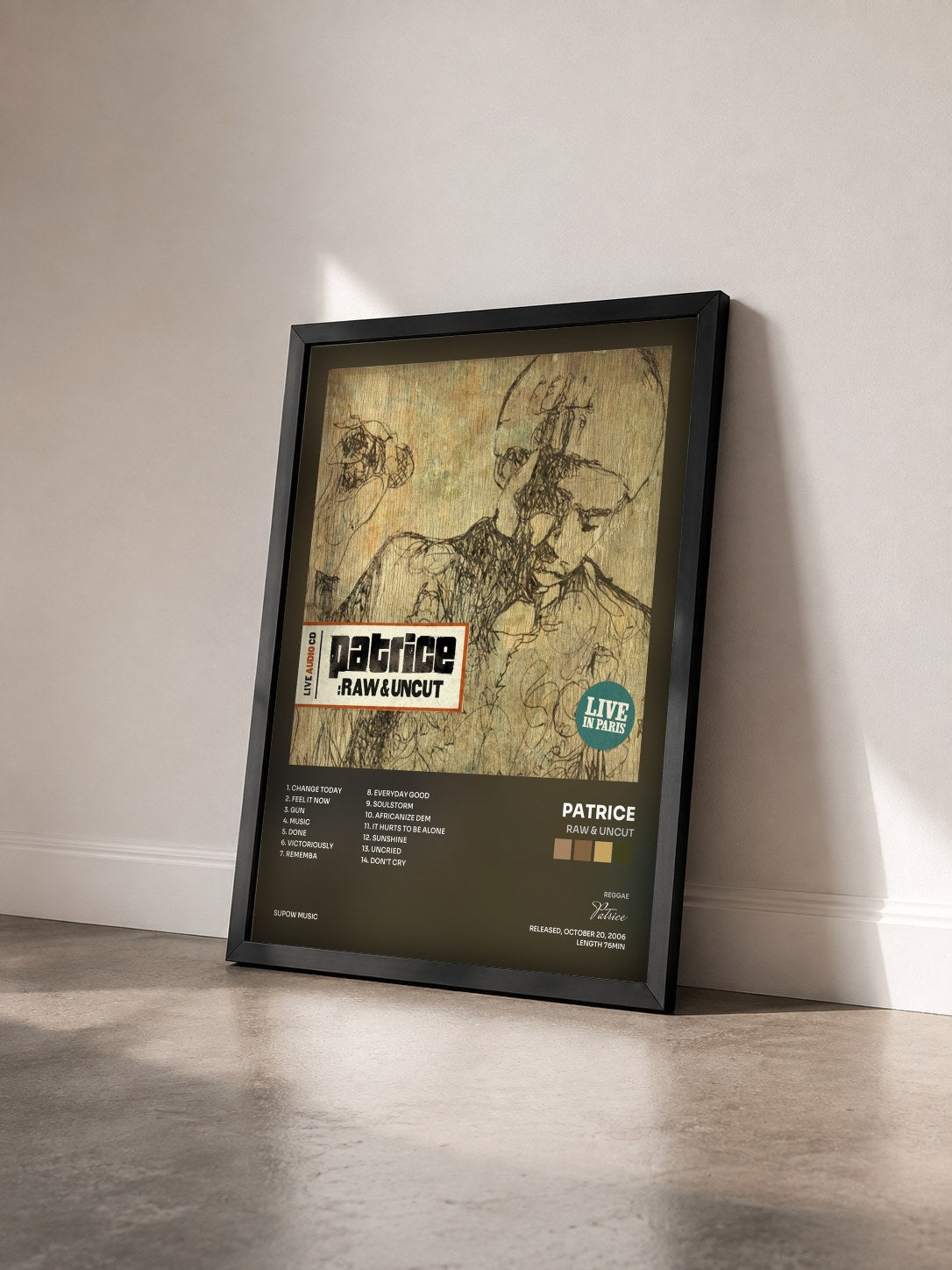 #noir Tableau de l'album RAW & UNCUT de Patrice vu de trois quarts, cadre noir