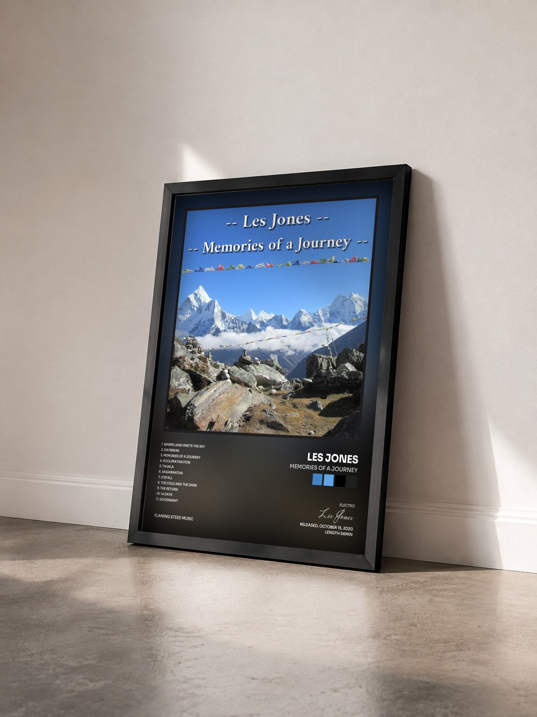 #noir Tableau de l'album Memories of a Journey de Les Jones vu de trois quarts, cadre noir