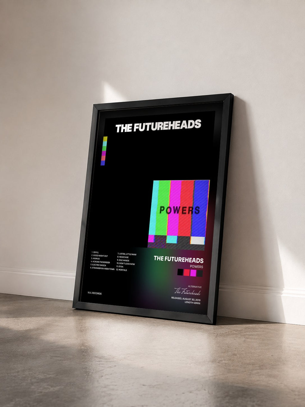 #noir Tableau de l'album Powers de The Futureheads vu de trois quarts, cadre noir