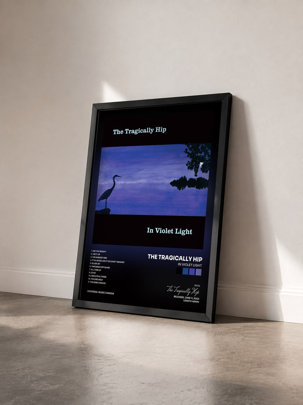 #noir Tableau de l'album In Violet Light de The Tragically Hip vu de trois quarts, cadre noir