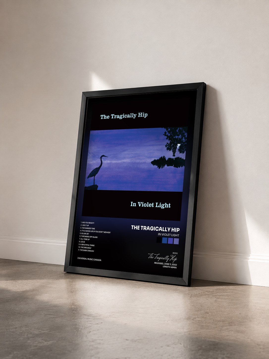 #noir Tableau de l'album In Violet Light de The Tragically Hip vu de trois quarts, cadre noir