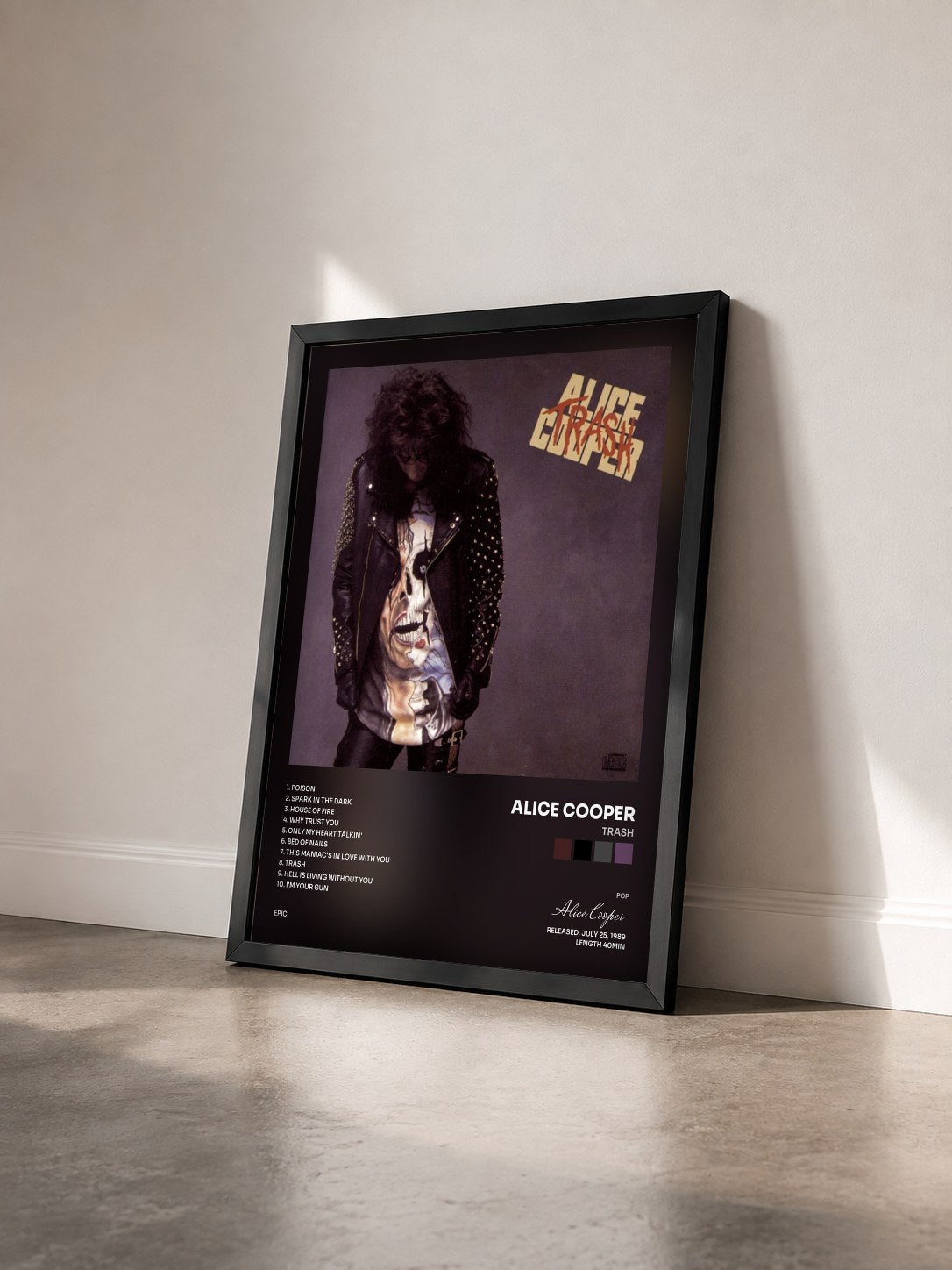 #noir Tableau de l'album Trash de Alice Cooper vu de trois quarts, cadre noir