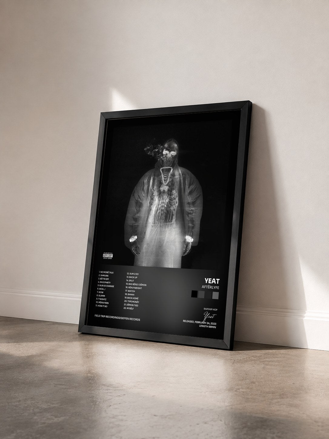 #noir Tableau de l'album AftërLyfe de Yeat vu de trois quarts, cadre noir