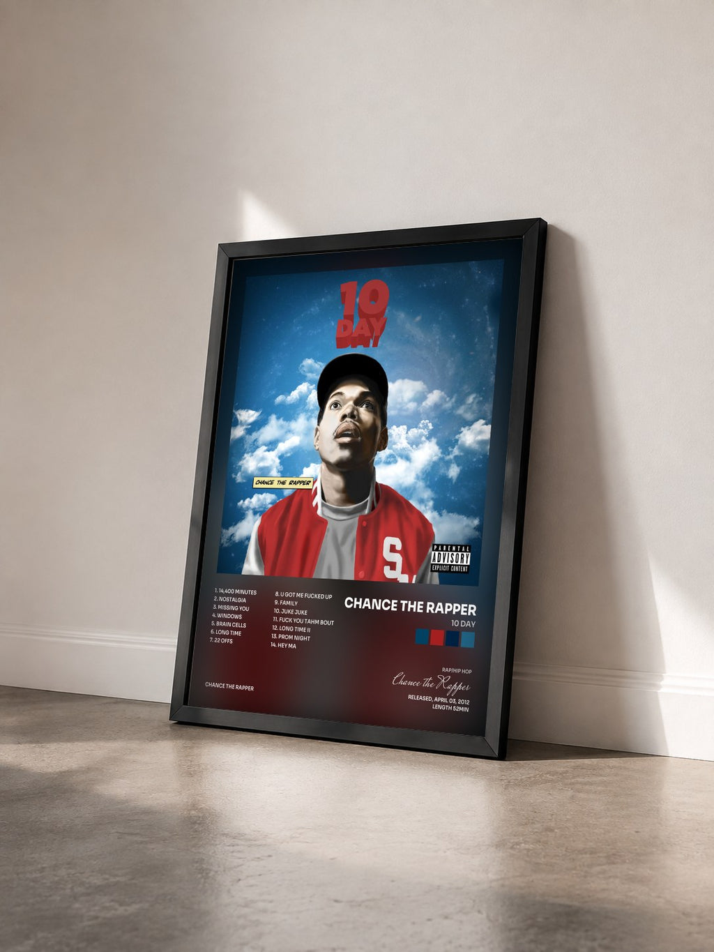 #noir Tableau de l'album 10 Day de Chance the Rapper vu de trois quarts, cadre noir