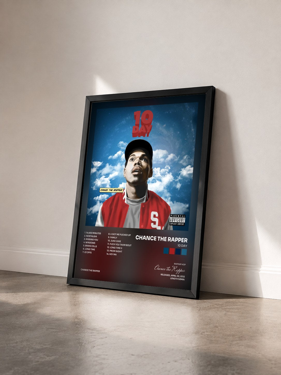 #noir Tableau de l'album 10 Day de Chance the Rapper vu de trois quarts, cadre noir