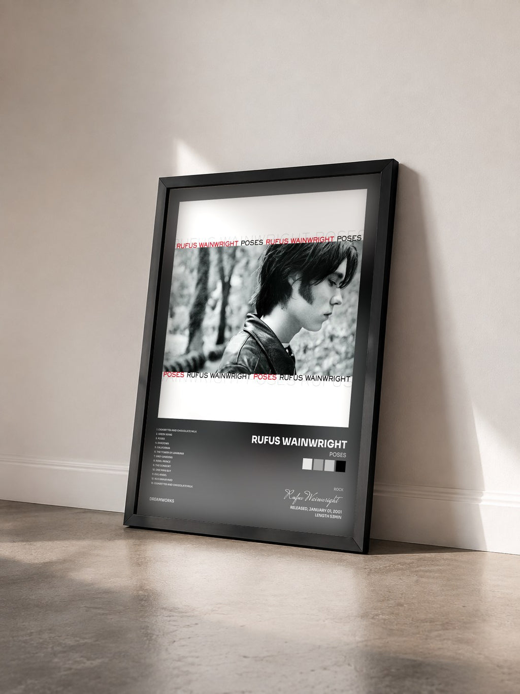 #noir Tableau de l'album Poses de Rufus Wainwright vu de trois quarts, cadre noir