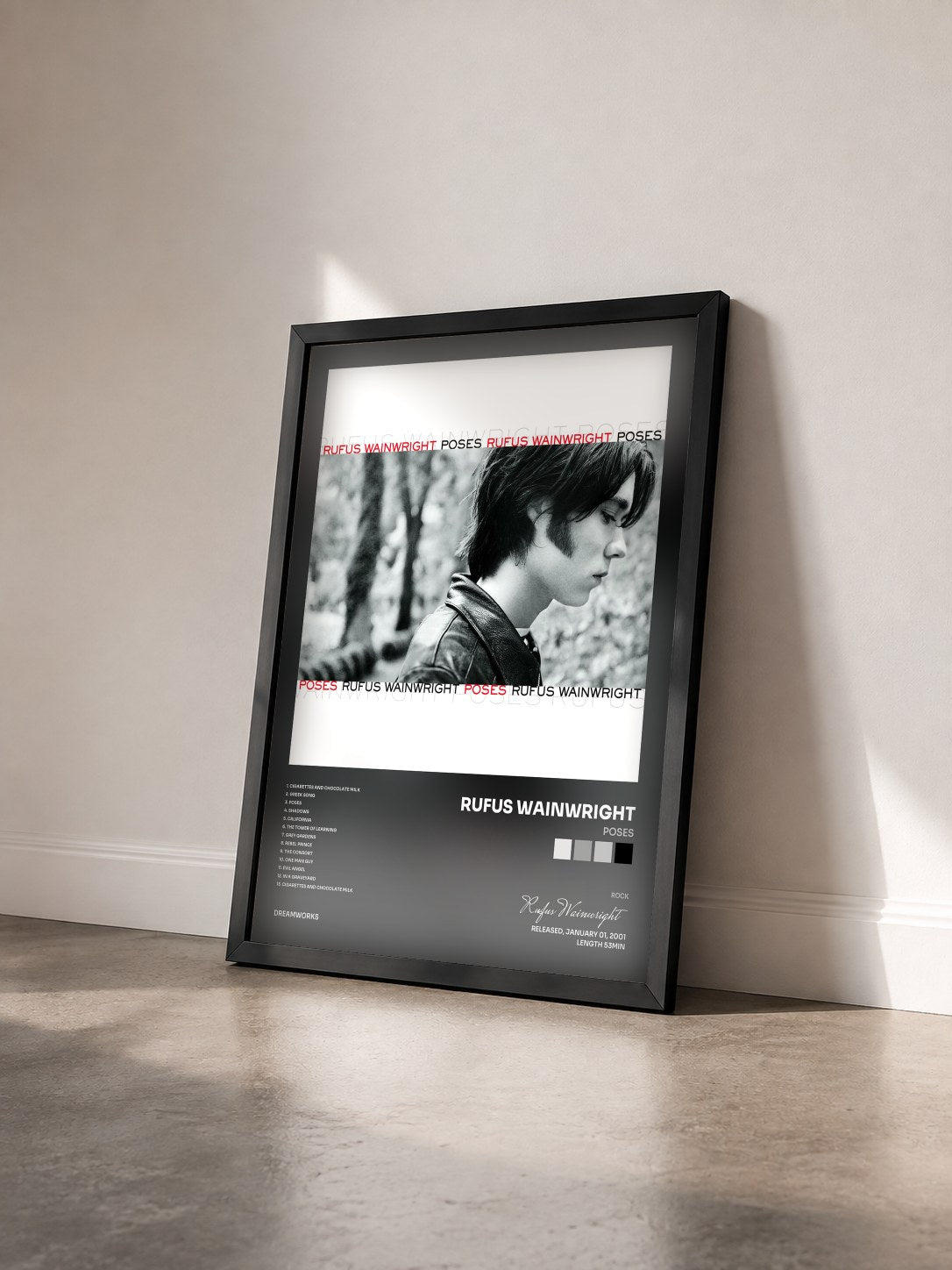 #noir Tableau de l'album Poses de Rufus Wainwright vu de trois quarts, cadre noir