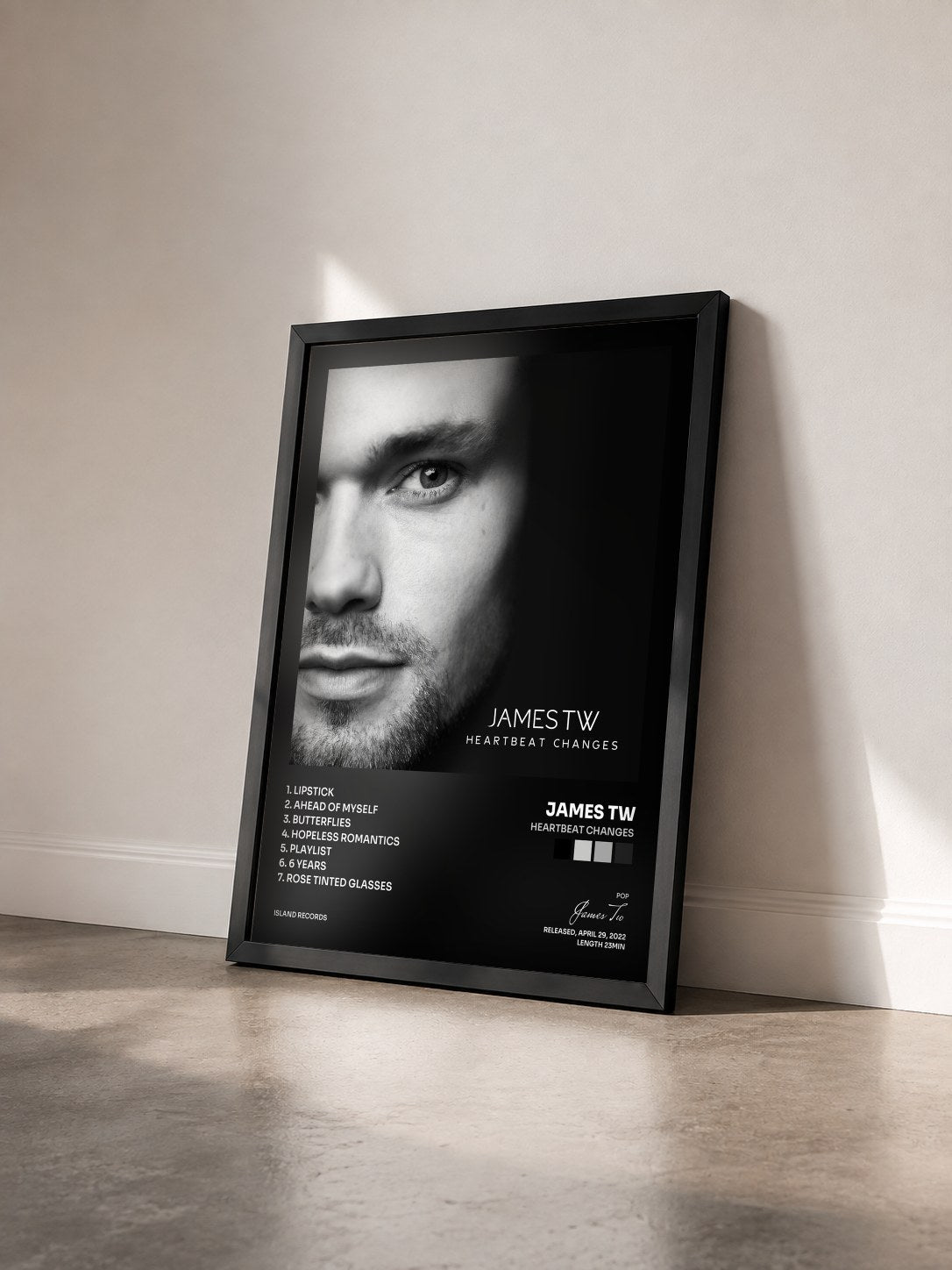 #noir Tableau de l'album Heartbeat Changes de James Tw vu de trois quarts, cadre noir