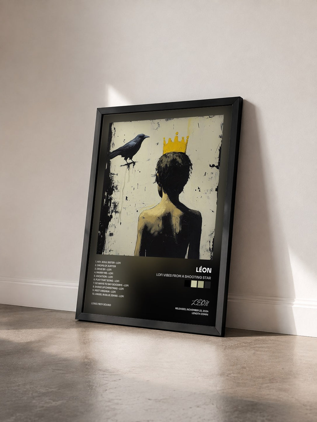 #noir Tableau de l'album lofi vibes from a shooting star de LÉON vu de trois quarts, cadre noir