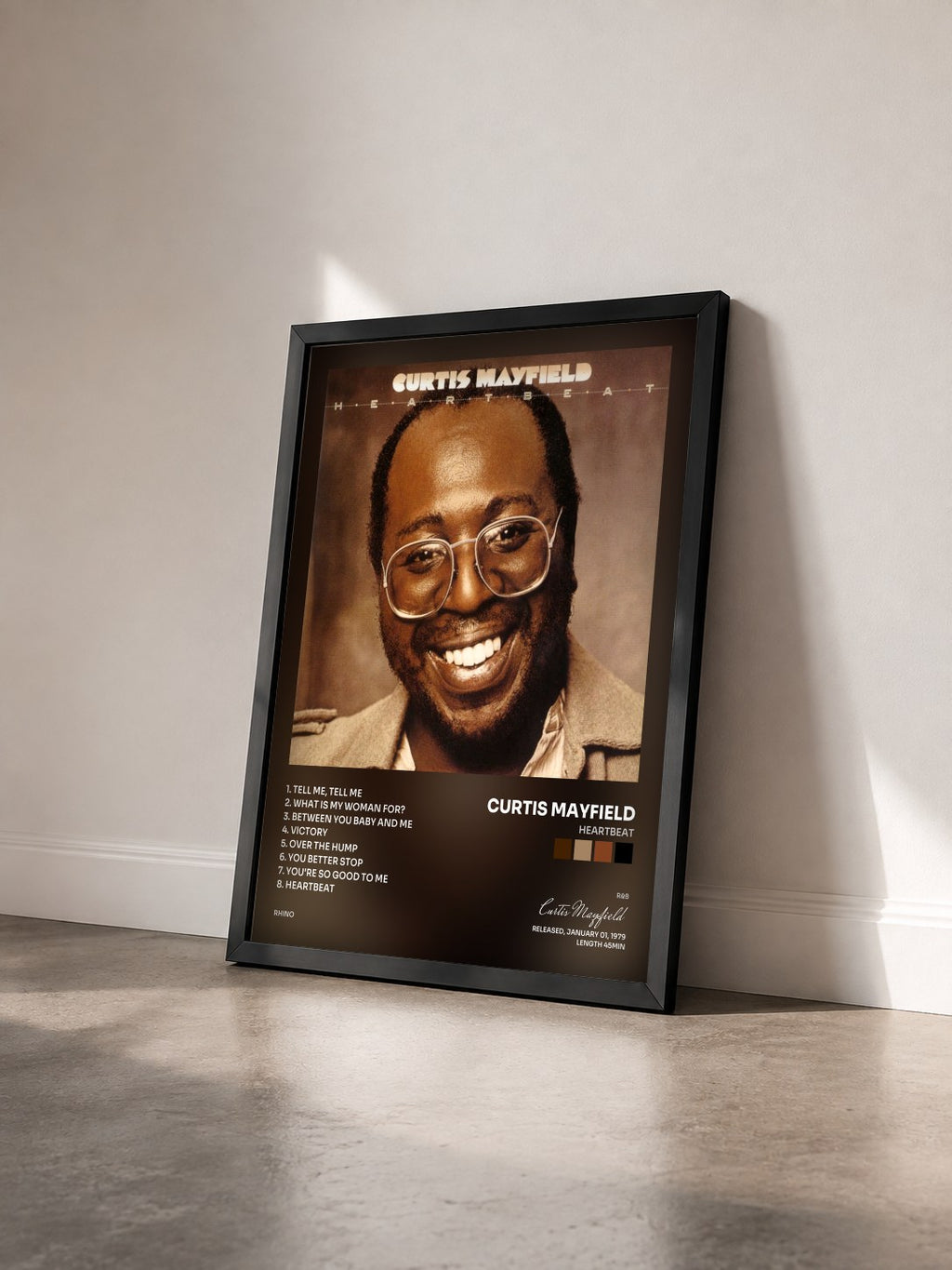 #noir Tableau de l'album Heartbeat de Curtis Mayfield vu de trois quarts, cadre noir