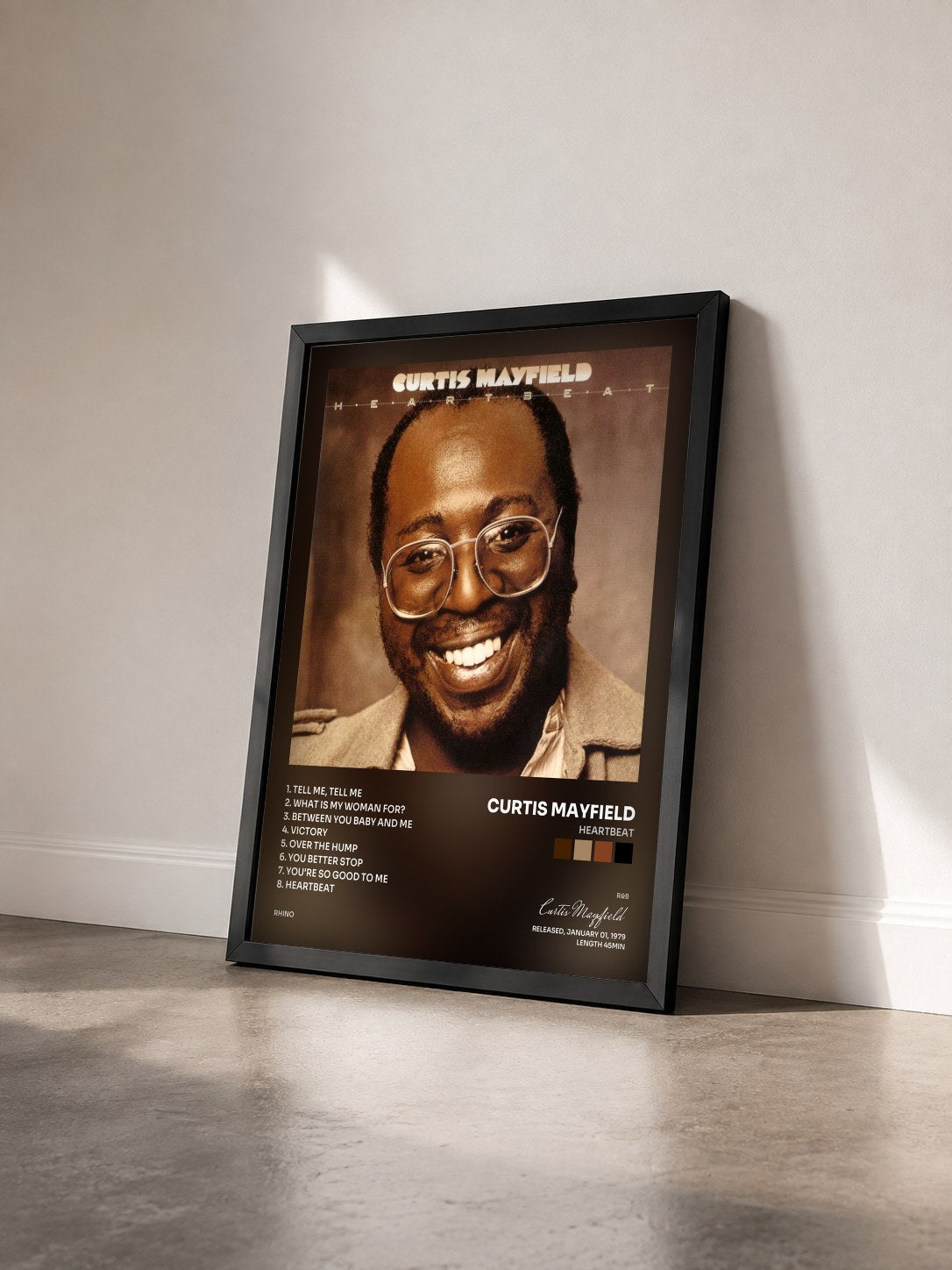 #noir Tableau de l'album Heartbeat de Curtis Mayfield vu de trois quarts, cadre noir
