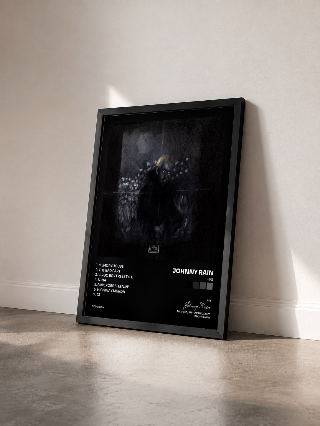 #noir Tableau de l'album EP2 de Johnny Rain vu de trois quarts, cadre noir