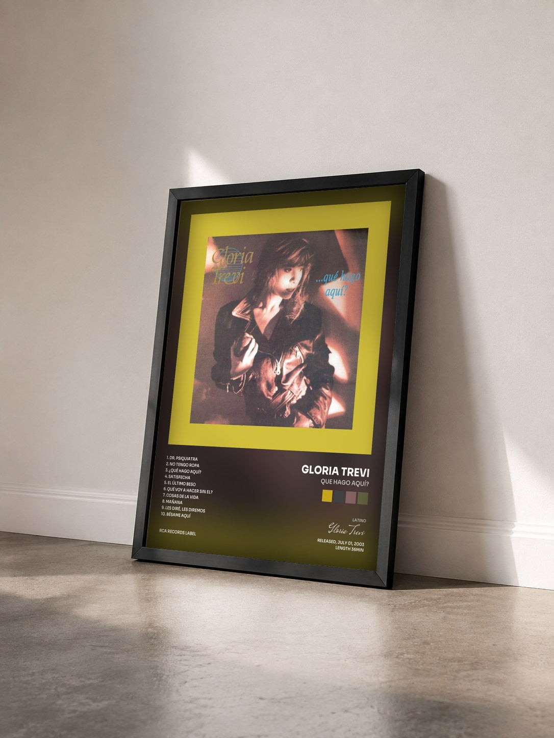 #noir Tableau de l'album Que Hago Aquí? de Gloria Trevi vu de trois quarts, cadre noir
