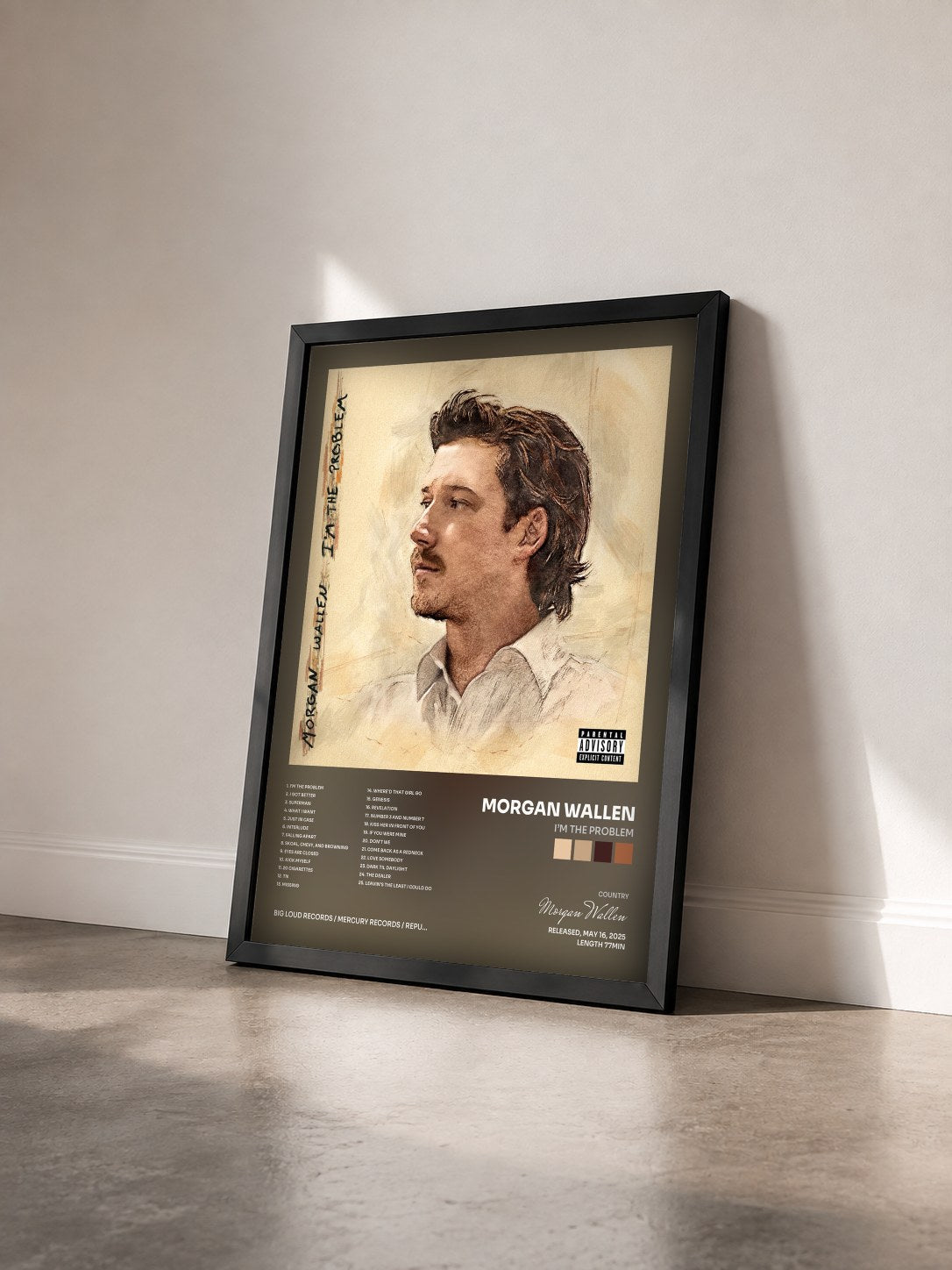 #noir Tableau de l'album I’m The Problem de Morgan Wallen vu de trois quarts, cadre noir