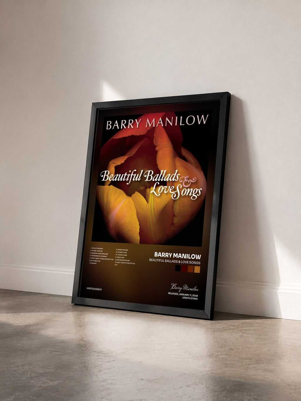 #noir Tableau de l'album Beautiful Ballads & Love Songs de Barry Manilow vu de trois quarts, cadre noir