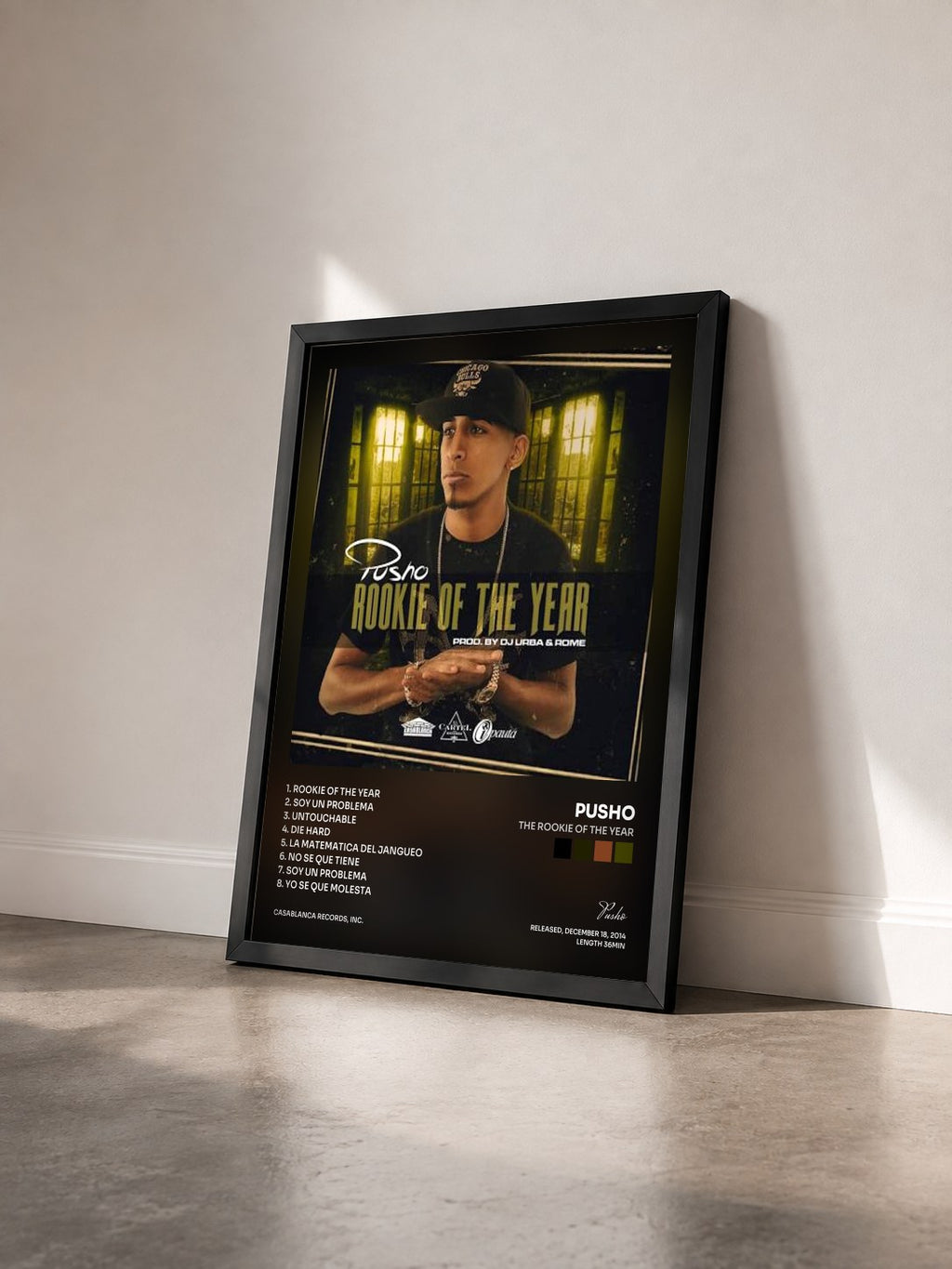 #noir Tableau de l'album The Rookie of the Year de Pusho vu de trois quarts, cadre noir