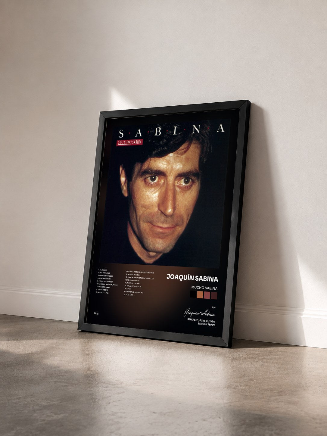 #noir Tableau de l'album Mucho Sabina de Joaquín Sabina vu de trois quarts, cadre noir